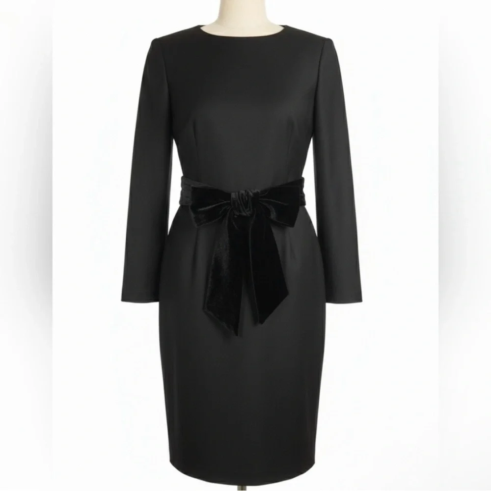 J. Crew Black Long-Sleeve Sheath Dress with Velvet Waist Bow